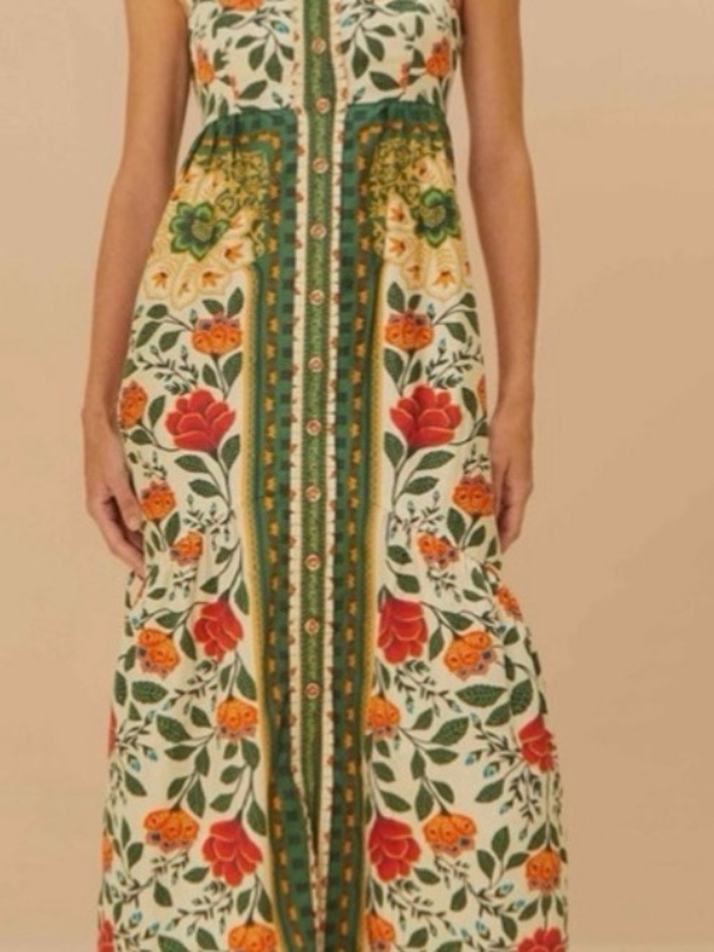 FARM Rio Floral Tiered Maxi Skirt in Cream, Green and Red-Orange